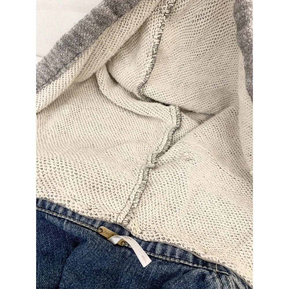 Free People Blue Denim Jacket XS X Small 17” Sweat Hoodie Sleeves Distressed